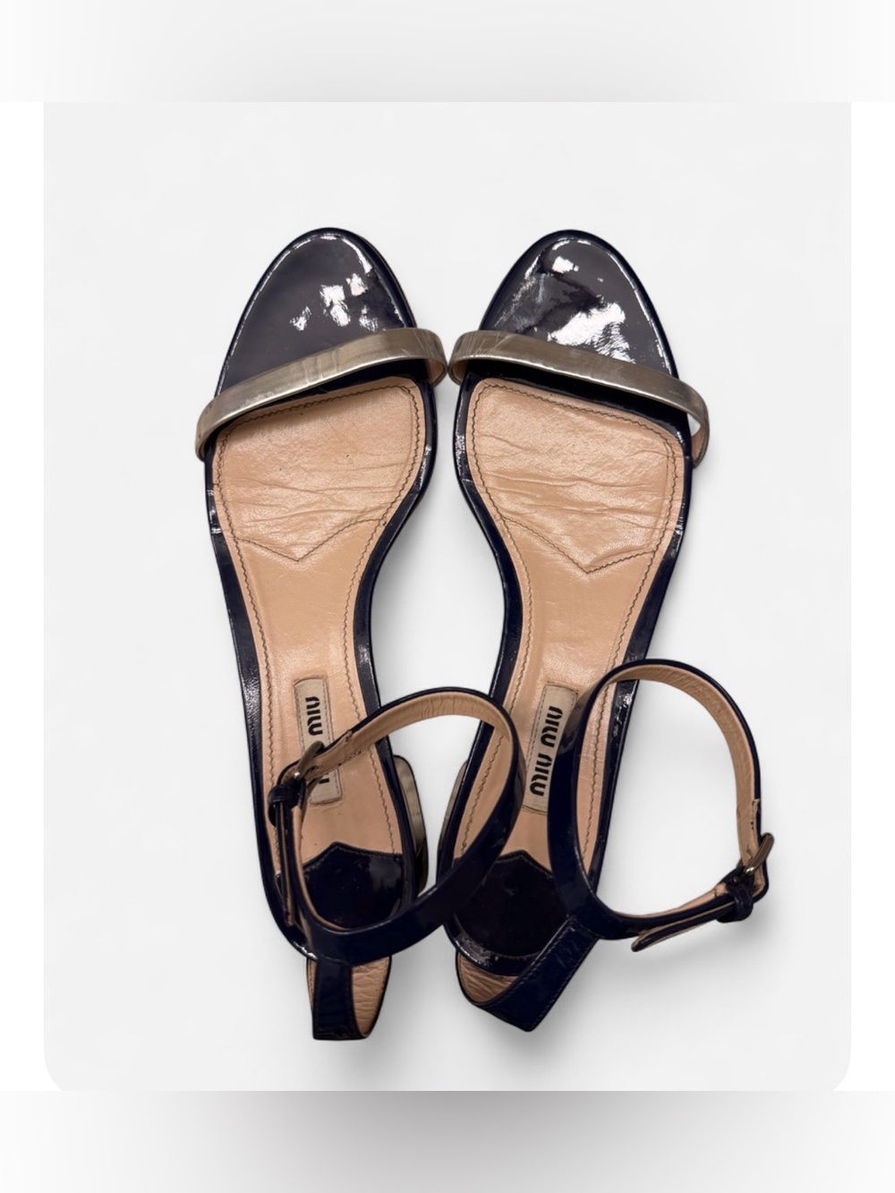Miu Miu Navy Silver Ankle Strap Low Heel Sandals EU 39.5